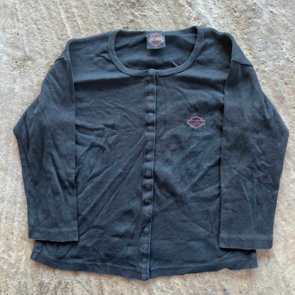 Vintage Harley Davidson Button Up Thermal Long Sleeve Shirt Women's Large Black